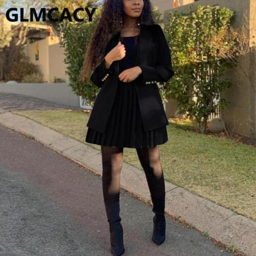 Women Two Piece Elegant Suits Long Sleeve Casual Blazer and Pleated Skirt Set