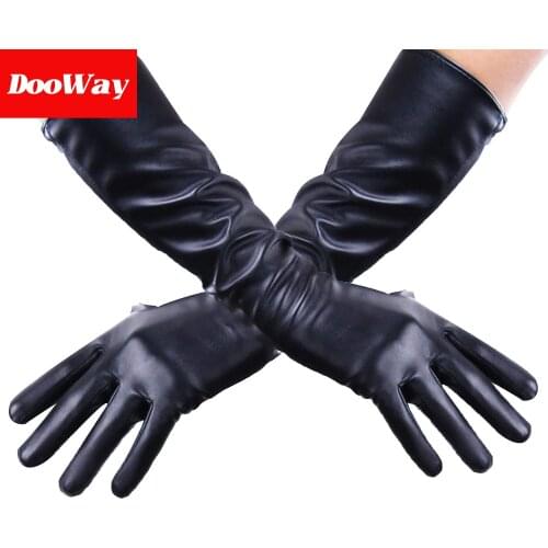 DooWay Women Fashion Warm Long Gloves Faux Leather 40cm 16-inch Evening Party Prom Black Touchscreen