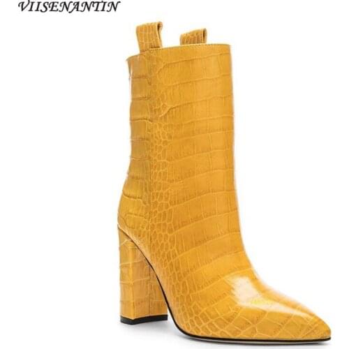 VIISENANTIN Crocodile Pattern High Heel Short Boots for Women Yellow Green Lazy Slip on Bootie Pointed Toe Elegant Bota