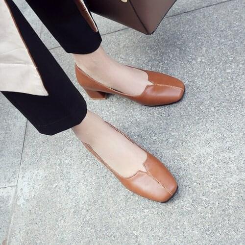 Plus Size 34-46 Womens Cozy 4cm High Heels Pumps Office Lady Women Shoes Thick Heel Round Toe Leather High Heel Causal Shoes