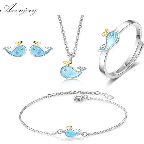 ANENJERY 925 Sterling Silver Jewelry Sets For Women little Blue Whale Marine Animal Necklace+Earrings+Ring+Bracelet