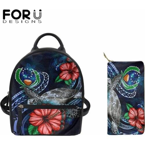 FORUDESIGNS Pohnpei Polynesian Plumeria with Turtle Print Luxury Brand Women Travel Backpack and Purse PU Leather Women Mochila
