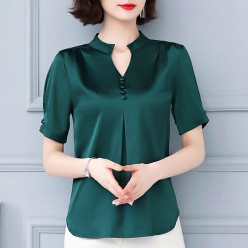 2021 Summer Fashion Women Tops Short Sleeve Casual Elegant Ladies Tops Office Lady Button V-neck Solid Women Clothing 5379
