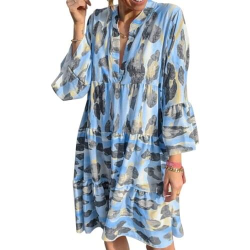 Leopard Print Cotton Dress Long Sleeve Midi Dress Casual Loose V Neck Dresses for Women Plus Size Vestido Midi Casual