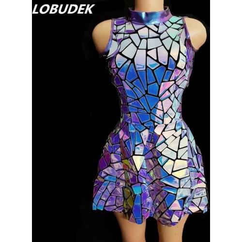 Purple Blue Laser Mirror Sequins Sleeveless Short Dress Women Singer Dancer Bar Nightclub Stage Wear Birthday Prom Show Costume