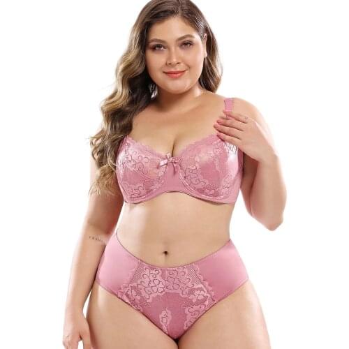 Plus Size Female Lingeries Full Cup Unlined Bra and Panty Set Ultra Thin Panty Floral Lace Women Bra Set 6 Colors C D DD E F