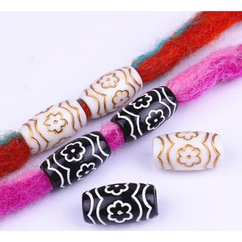 10pcs Acrylic Carved Flower Hair Braid Dread Dreadlock Beads Cuffs Clips White Black Hair DIY Jewelry Accessories 11mm*20mm