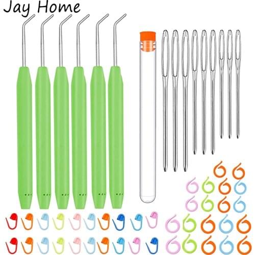 3pcs Knitting Loom Hook Crochet Needle Hook with Steel Large-Eye Sewing Needles & Knitting Stitch Markers for Knitted Craft