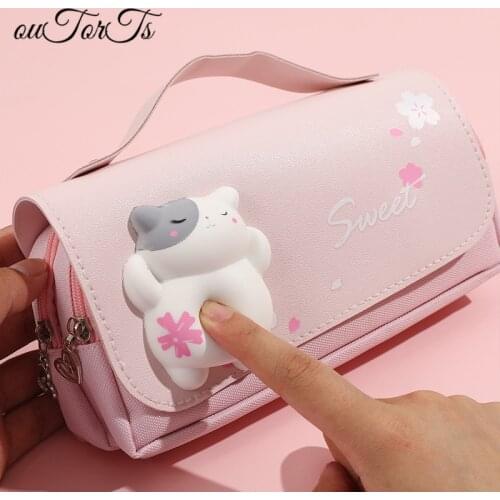 Stress Reli Pencil Bag Handle Pen Case 2 Zippers Korea Stationery School Supplies Pencil Pouch Cute Organizer Lovely Gift