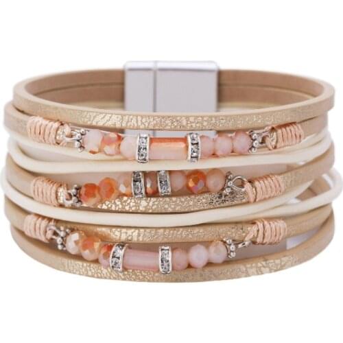 ORNAPEADIA Bohemian Multi-layer Crystal Beads Ethnic Style Multi-layer Leather Bracelet Diamond Ornaments Jewelry Accessories