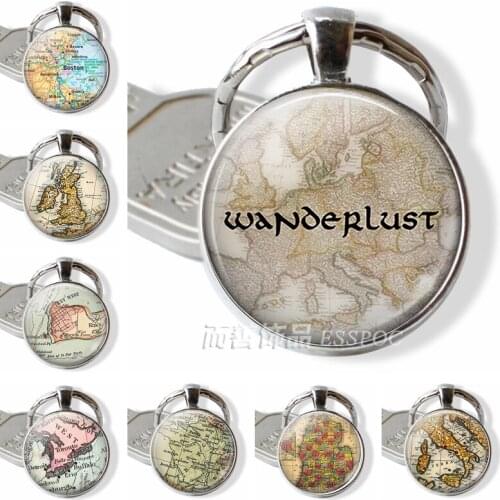 Boston Britain Canada France Map Key Chain Vintage Key Chain Glass Dome Cabochon Literary Jewelry Traveller Pendant Gift