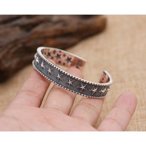 Solid 925 Sterling Silver Star vintage Women Men Retro Cuff Bangle Bracelet jewelry A4646