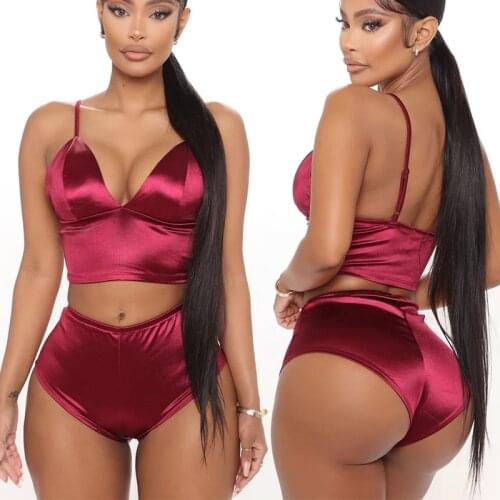 Red Satin Seamless Bra Sexy Lingerie Set Women Deep V Push Up Bra & Brief Sets Hot Erotic Sexy Bodysuit Crop Top Underwear Set