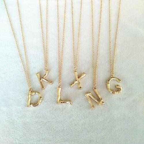 2cm Small Gold Hammered Metal Bamboo 26 Letter Alphabet A-Z Minimalist Initial Pendant Necklace Fashion Twist Chain Neck Jewelry