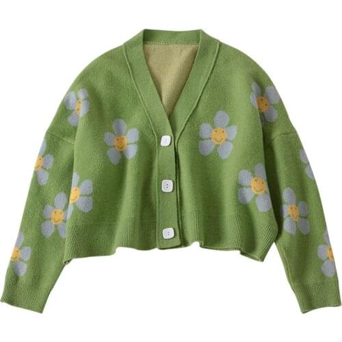 Autumn Preppy Style Flower Knitted Cardigans Sweaters Womens V Neck Loose Elegant Pull Femme Short Knitwear Casual Top Coats