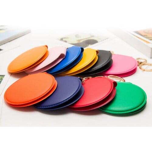 1PCS Portable Candy Color Mini PU Leather Pocket Makeup Mirror Key Chain Cosmetic Compact Mirrors Double Dual Sides Frame Girl