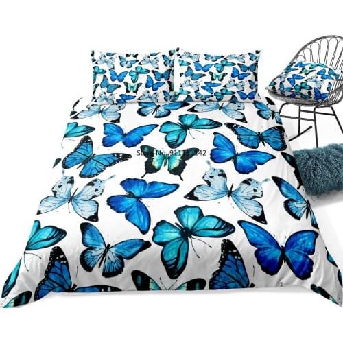3 Pieces Watercolor Butterflies Duvet Cover Set Blue Butterfly Bed Set White Bedding Kids Girls Quilt Cover Queen Dropship