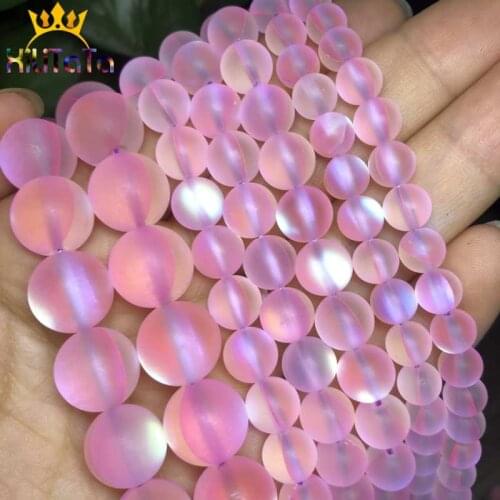 Round Matte Pink Flash Crystal Frosted MoonStone Glitter Loose Beads For Jewelry Making DIY Bracelet 15'' 6/8/10/12mm