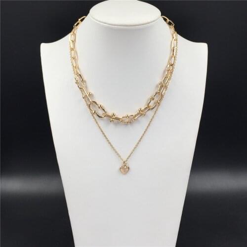 Trendy Gold Color Plating Lovely Heart Pendant Special Chain Decorated Layered Necklace For Women Party Summer School Wearing
