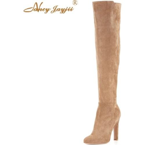 Brown Flock Over The Knee Zipper Boots 2021 Winter Women Solid Plus Size 4-16 Pointed Toe Super High Thick Heel Shoes