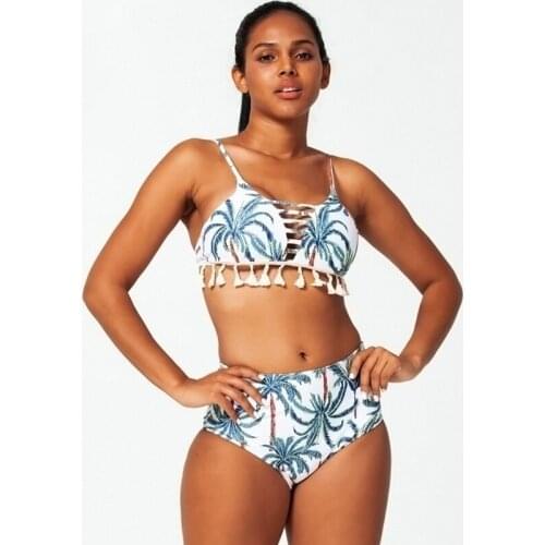 2021 New Women Bikini Set Tassel Print Sling Sexy 2 piece swimsuit Push Up High Waist Bikini Suit Sandy Beach