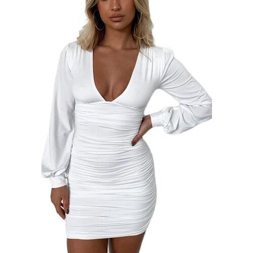 2021 New Womens Casual Long Sleeve Short Dress Fashion Solid Color V-neck Pleated Skinny Dress