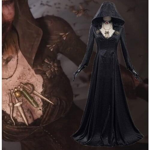 New Arrival Moth Lady Cosplay Costume Outfits Black Long Dress Evil Village Cosplay Female Vampire Halloween Carnival Suit