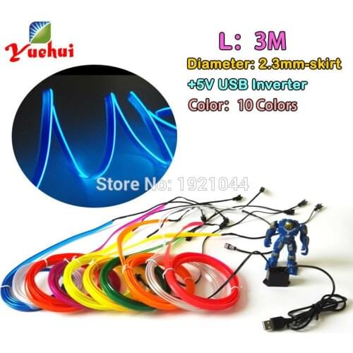 New Brand Flexible EL Wire LED Neon Light Rope tape DC-5V USB driver 3Meter 10 colors Select For Car Discos Night Party Decor