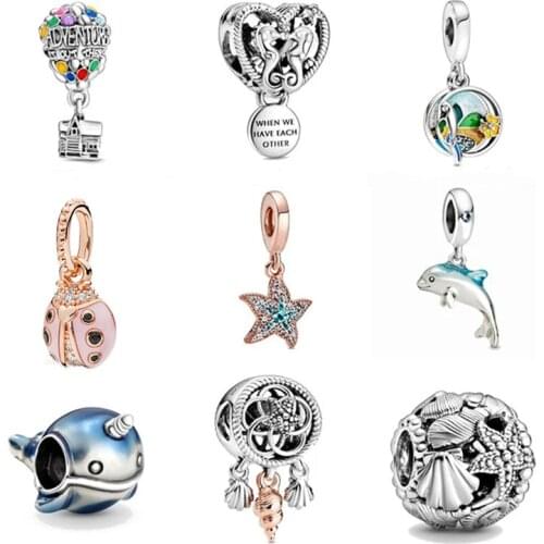 Shell Dream Catcher Hot Air Balloon Pendant Safety Chain Blue Planet Bead Fit Original Pandora Charm Silver Color DIY Jewelry