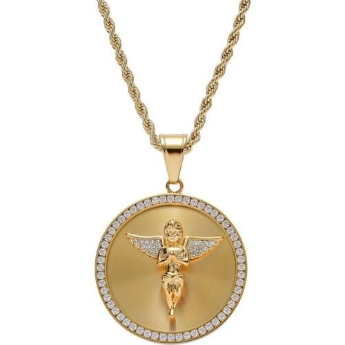 Stainless Steel Charm Coin Angel Pendant Pendant Necklaces For Women Men Christian Religious Jewelry Trendy Chain Jewelry