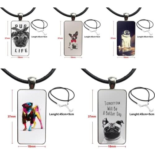 Cute Animal Pug Life Dog Cool Painted For Women Girls Glass Pendant Necklace Handmade Half Pendant Rectangle Necklace