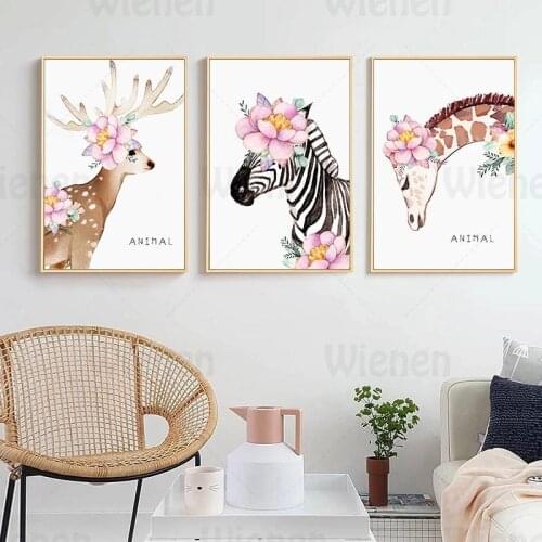 Nordic Poster Flower Animal Painting Deer Zebra Giraffe Canvas Painting Nursery Baby Bedroom Mural Frameless Wall Art Picture