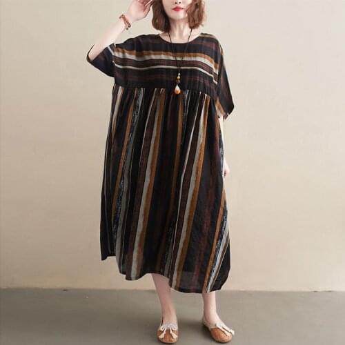 Plus Size 4XL 5XL 6XL Cotton Maxi Long Dress Women Summer Vintage Loose Linen Sundress Woman Robe Female Striped Dresses 2021