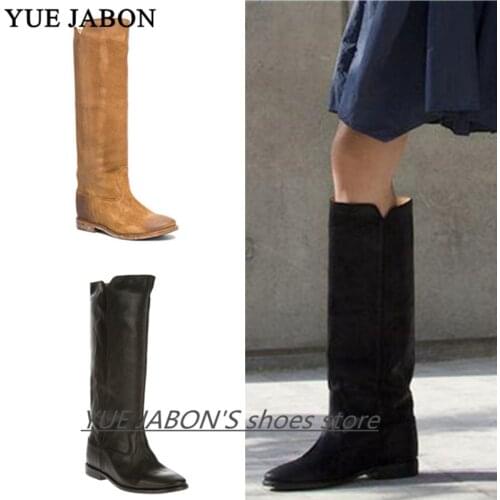 Real Photos winter boots for girls Distressed Leather Straight Long Boots Height Increasing Knee High Boots Black ladies boots