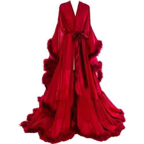 Sexy Feather Chiffon Evening Robe V Neck Bridal Robe Wedding Scarf Long Party Robe Nightgown Bathrobe Sleepwear with Belt