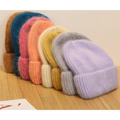 OMEA Angora Rabbit Fur Hat Women Solid Hairy Winter Knitted Girl Hat Designer Bonnets Double Layer Fuzzy Pink Soft Beanie Luxury