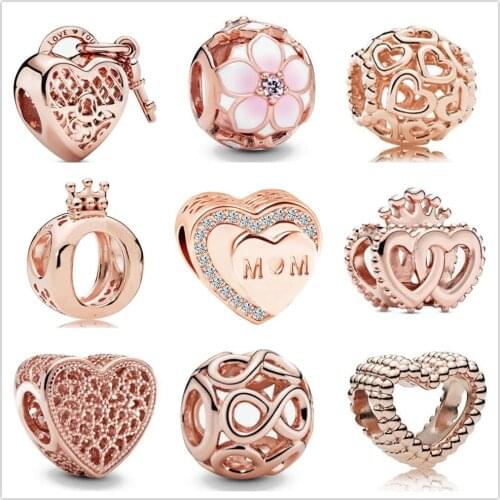 New Original 925 Sterling Silver Love You Heart Padlock MOM Bead Charms Rose Gold Fit Pandora charm Bracelets Women DIY Jewelry