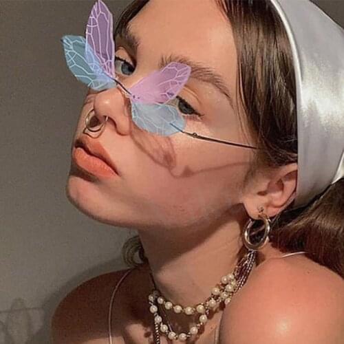 Personality Colorful Dragonfly Sunglasses Women Steampunk Cat Eye Sun Glasses Female 90s Double Lens Rimless Shades for Female
