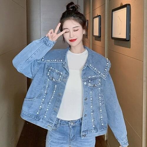 Pearls Rivet Blue Short Denim Jacket Femaler Vintage Loose Jean Coat Streetwear Women 2021 Spring Korean Style Outwear Tops