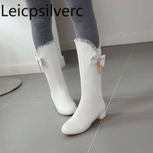 Womens Boots New winter butterfly Knot fashion zipper Low-heeled Middle tube Womens shoes plus size 28-43 Heel Height 2.5cm