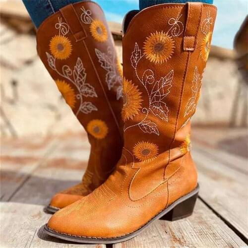 Women Boots 2020 Autumn Sunflower Embroider Boots Pointed Toe Slip On Western Mid-calf Boots Waterproof Laides Winter Shoes