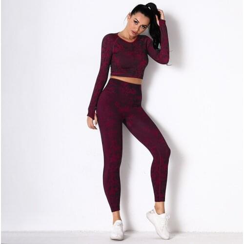 Women Sportswear Set Gym Clothing Tracksuit Long Sleeve Crop Top High Waist Seamless Leggings for Fitness Sports Suit Camo NEW