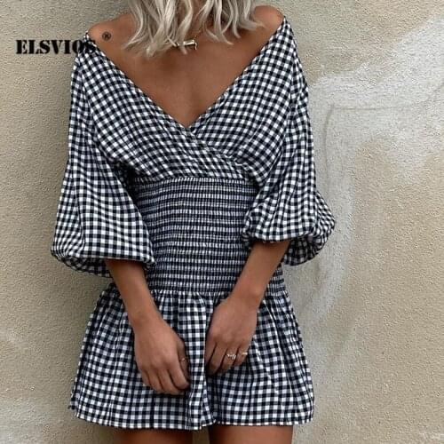 Summer Sexy Backless V Neck Plaid Print High Waist Mini Dress Elegant Short Sleeves Patchwork New Office Lady Pullover Vestidos