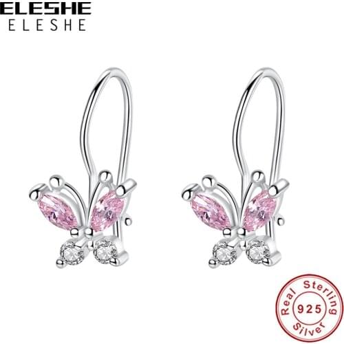100% 925 Sterling Silver Cute Animal Butterfly Hoop Earrings With Pink Crystal CZ Small Earrings for Girls Kids Fine Jewelry