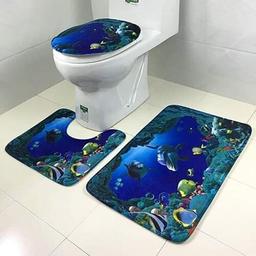 3pcs/set Ocean Style Underwater World Dolphin Carpe Toilet Mat 3D Dolphin Print Bathroom Rug Set