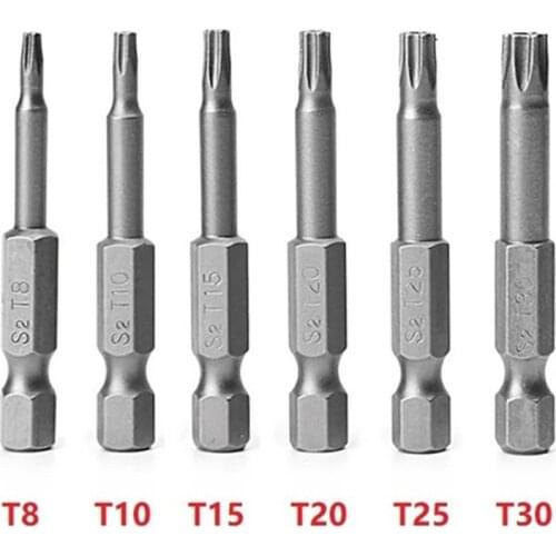 6pcs 50mm Magnetic Torx Screwdriver Bits S2 Alloy Steel 1/4" Hex Shank T8 T10 T15 T20 T25 T30