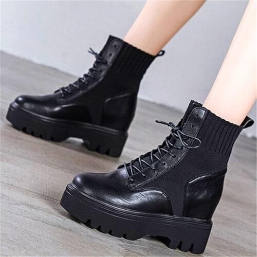 Military Punk Womens Cow Leather Platform Wedge Ankle Boots High Heels Lace Up Oxfords Pumps 34 35 36 37 38 39