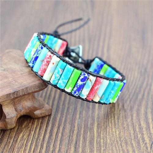 Chakra Bracelet Jewelry Handmade Multi Color Natural Stone Tube Beads Leather Wrap Bracelet Couples Bracelets Gifts