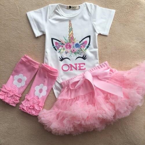 Baby girls unicorn romper and tutu skirt one birthday party outfit infant toddlers 3pcs t-shrit skirt flower clothing set