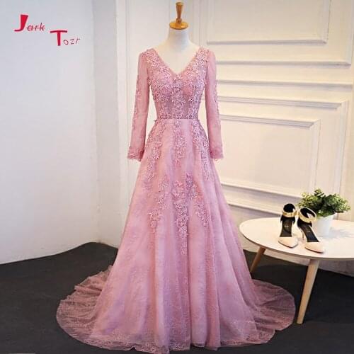 Jark Tozr New Arrive V-neck Backless Full Sleeve Evening Dresses Abiye Crystal Appliques Pink Lace Formal Gown Abendkleider